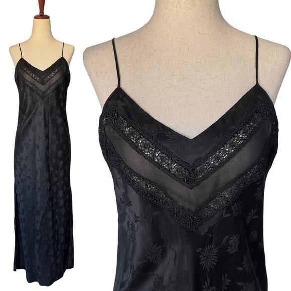 Vintage 80s 90s Valerie Stevens Silk Slip Dress Nightie Gown Lace